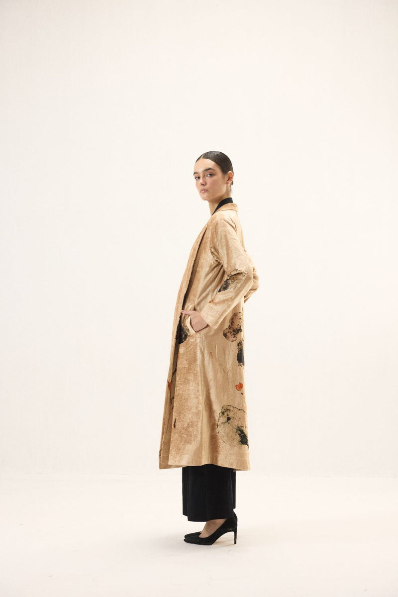 Soft Gold Trench Coat by Khara Kapas in gold for women in Singapore