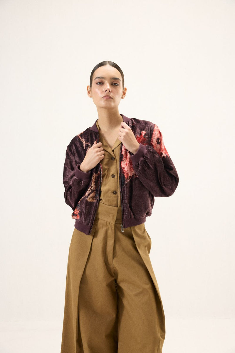 Plum Blossom Bomber Jacket by Khara Kapas in purple for women in Singapore