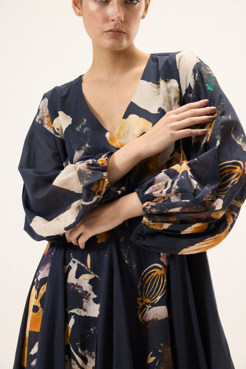 Ink Shade Dress mulmul by Khara Kapas in navy for women in Singapore