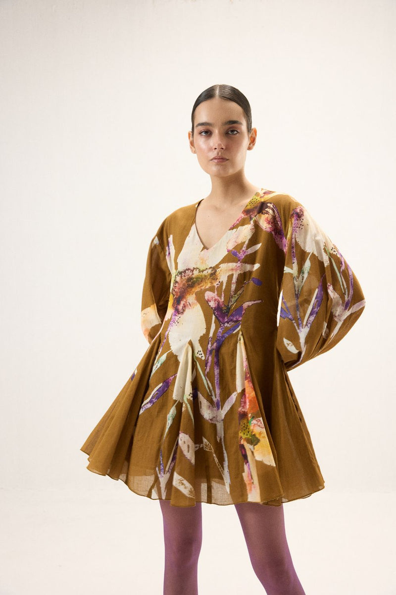 Grain Dress mulmul by Khara Kapas in brown for women in Singapore