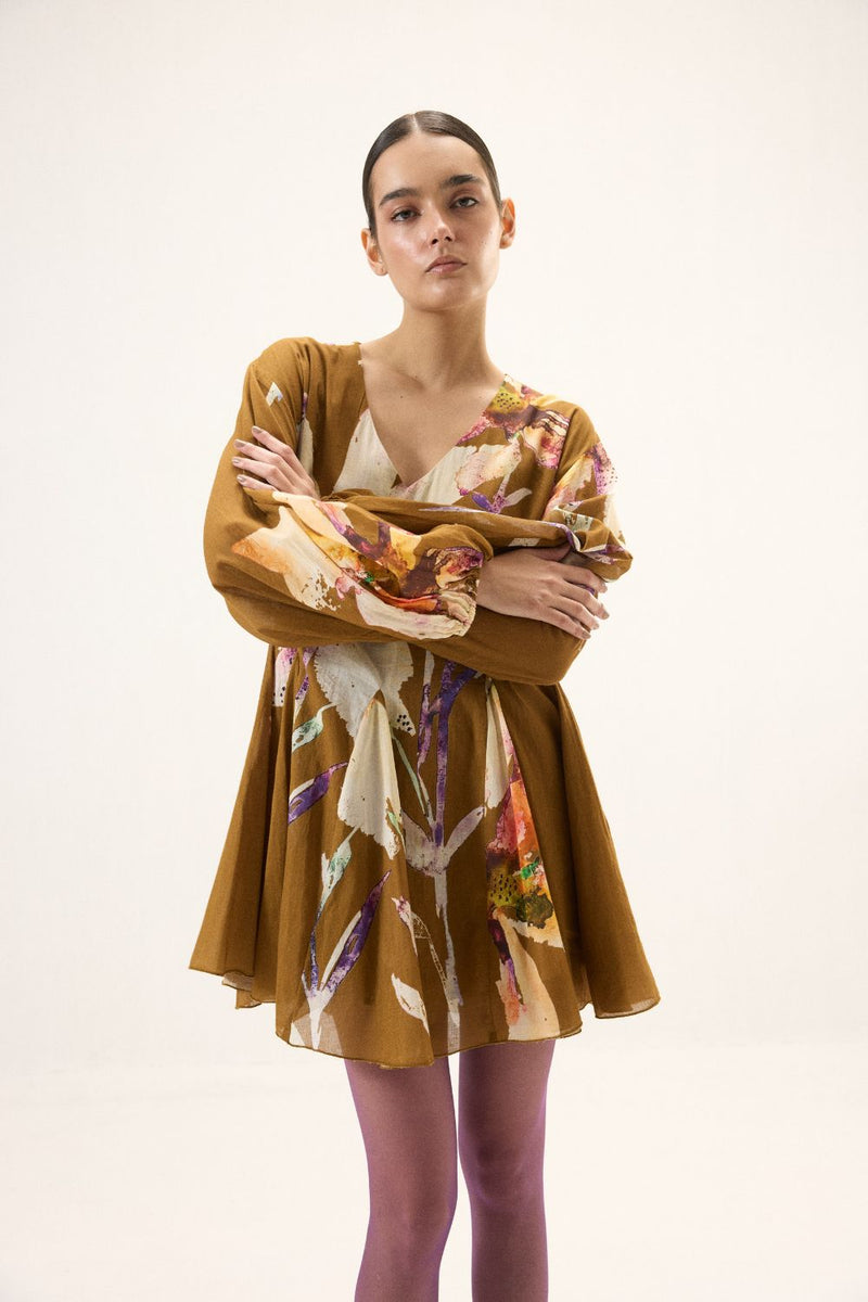 Grain Dress mulmul by Khara Kapas in brown for women in Singapore