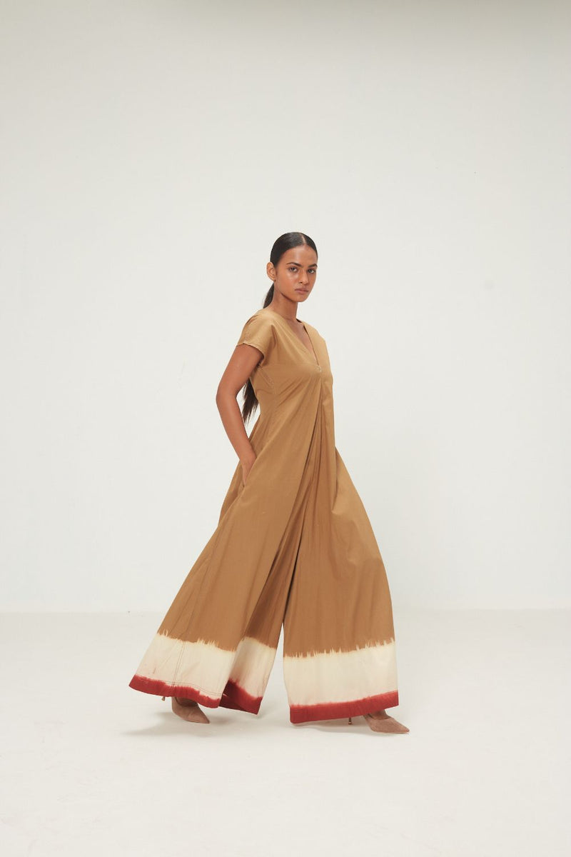 Mrida Jumpsuit poplin by Khara Kapas in khaki brrown for women in Singapore