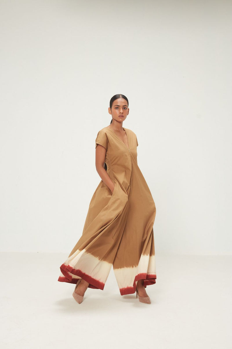Mrida Jumpsuit poplin by Khara Kapas in khaki brrown for women in Singapore