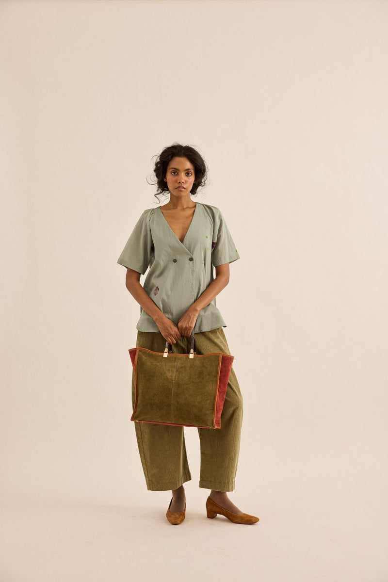 Sage Orchard Pants corduroy by Khara Kapas in olive for women in Singapore
