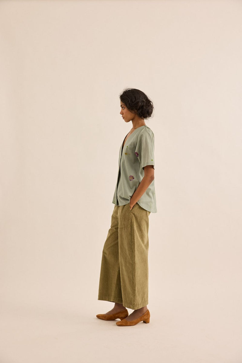 Sage Orchard Pants corduroy by Khara Kapas in olive for women in Singapore