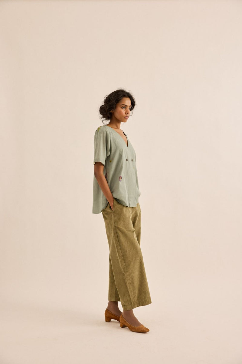 Sage Orchard Pants corduroy by Khara Kapas in olive for women in Singapore
