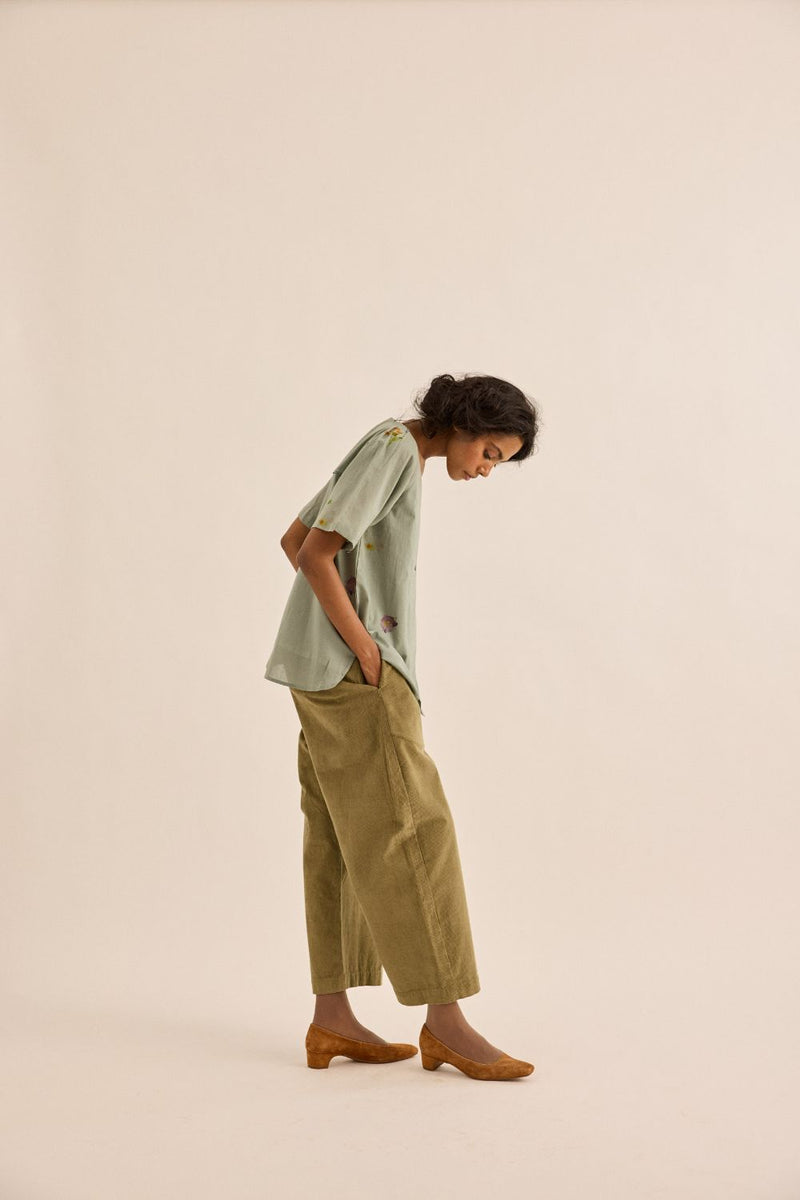 Sage Orchard Pants corduroy by Khara Kapas in olive for women in Singapore