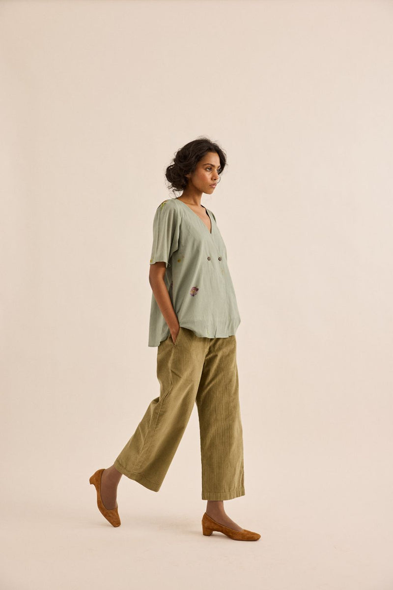 Sage Orchard Pants corduroy by Khara Kapas in olive for women in Singapore