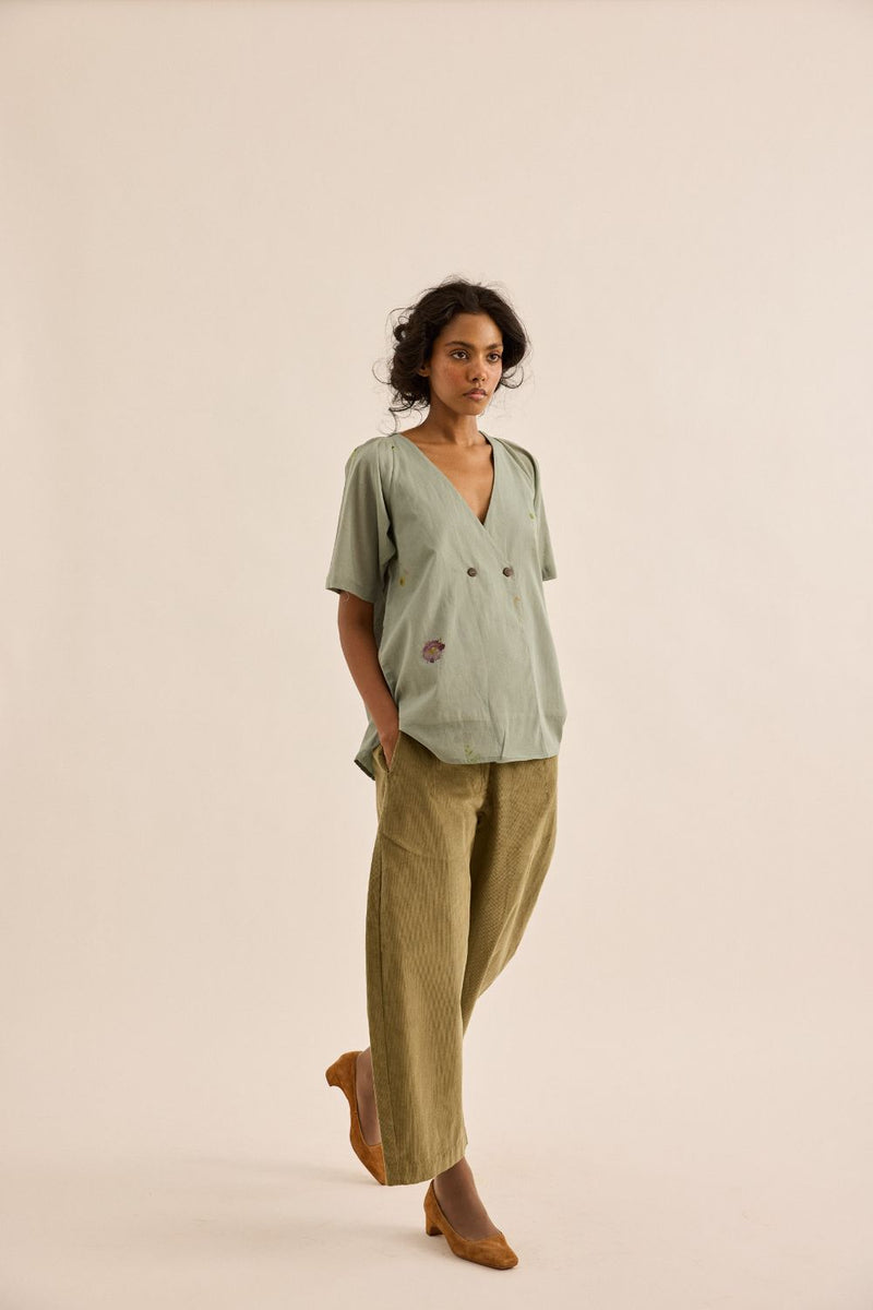 Sage Orchard Pants corduroy by Khara Kapas in olive for women in Singapore