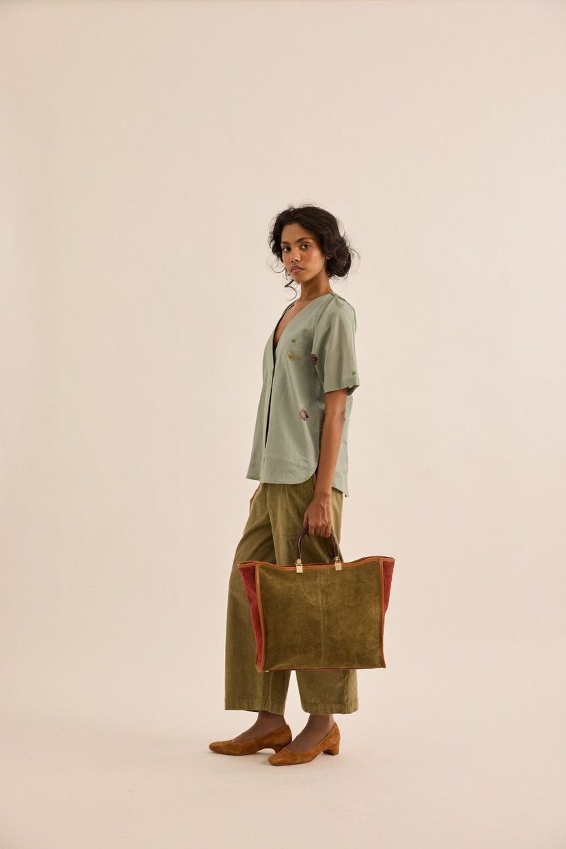 Sage Orchard Pants corduroy by Khara Kapas in olive for women in Singapore