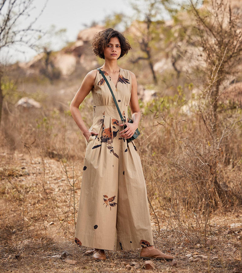 Mithi Jumpsuit cotton jumpsuit by Khara Kapas in beige for women in Singapore
