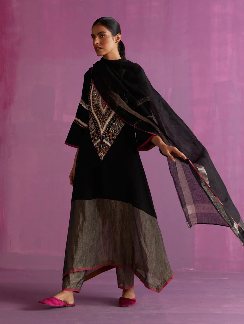 Afra Hand-Embroidered Kurta - Black linen by Manan in black color for women in Singapore