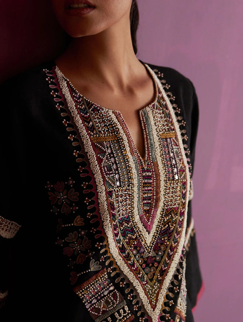 Afra Hand-Embroidered Kurta Set - Black linen by Manan in black color for women in Singapore