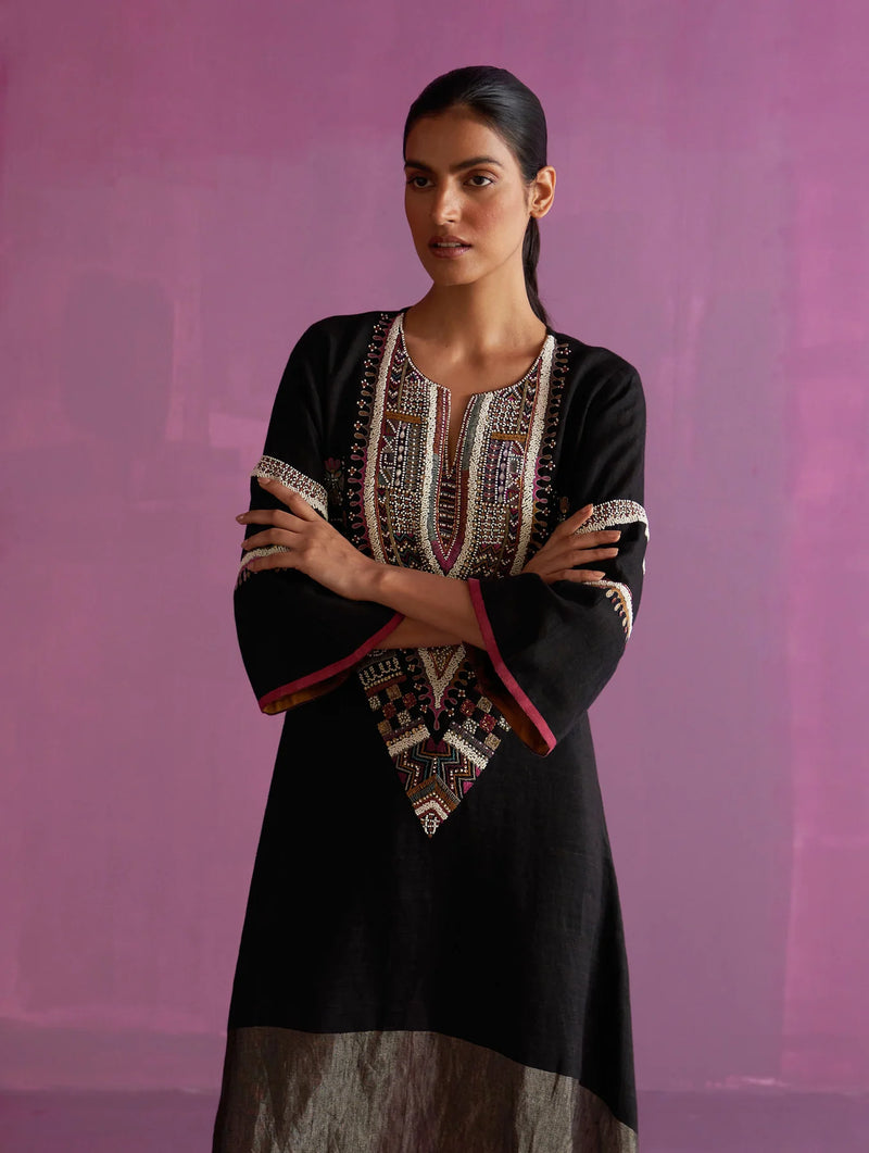 Afra Hand-Embroidered Kurta Set - Black linen by Manan in black color for women in Singapore