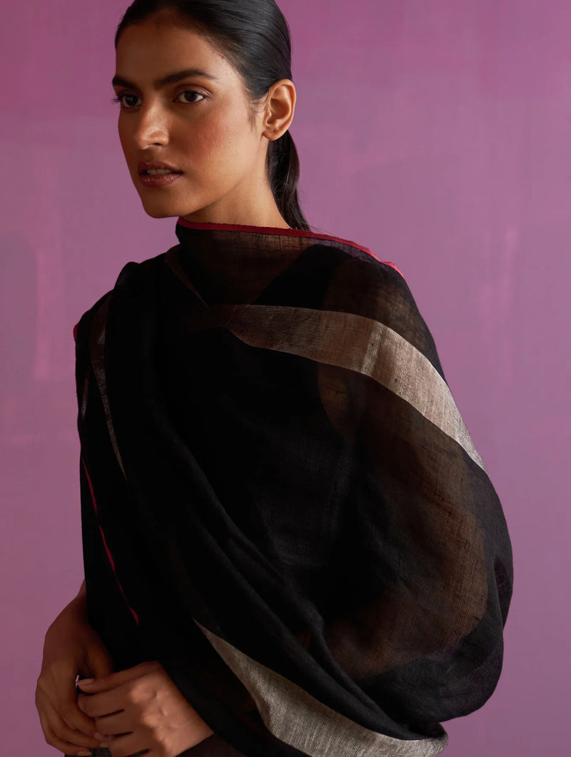 Afra Hand-Embroidered Kurta - Black linen by Manan in black color for women in Singapore