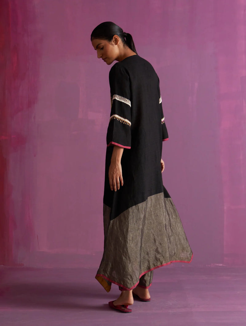 Afra Hand-Embroidered Kurta Set - Black linen by Manan in black color for women in Singapore