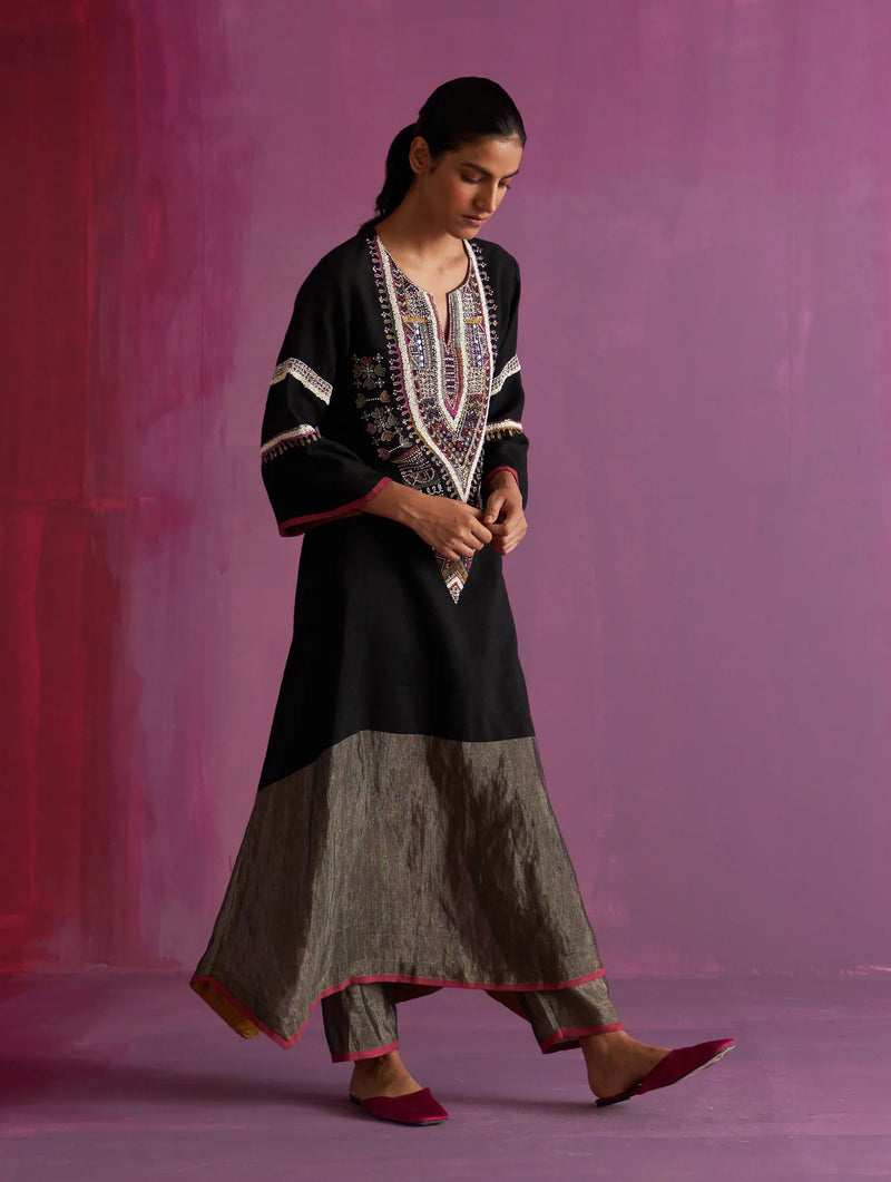 Afra Hand-Embroidered Kurta Set - Black linen by Manan in black color for women in Singapore