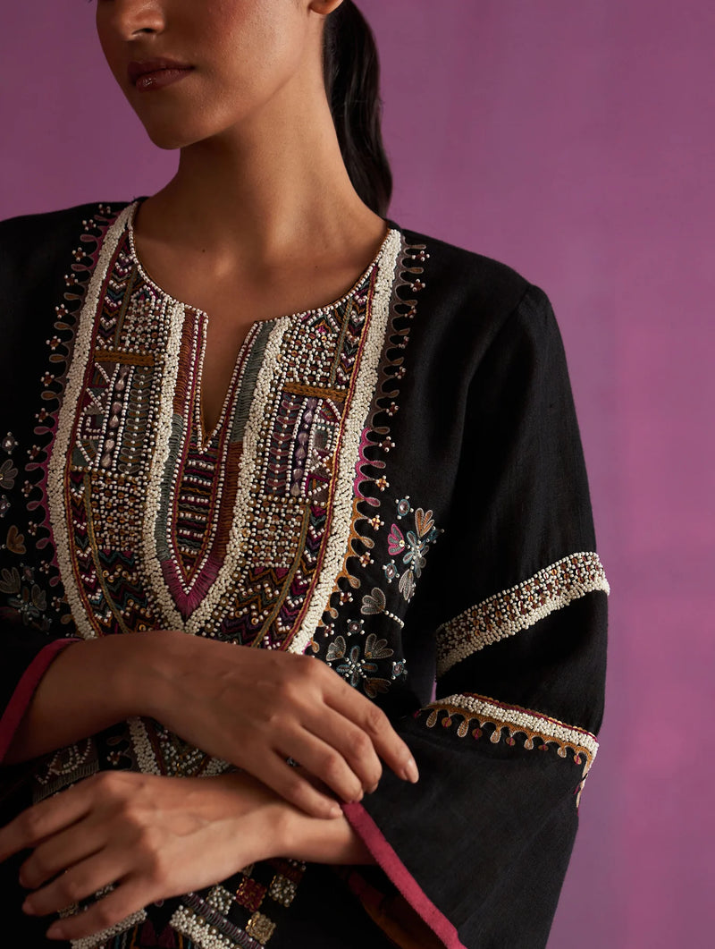 Afra Hand-Embroidered Kurta - Black linen by Manan in black color for women in Singapore