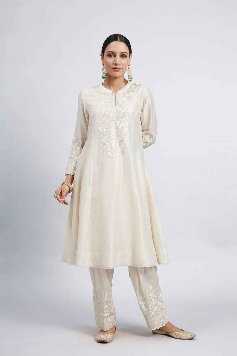 Kaina A-line short kurta with salwar and dupatta-Daisy Ivory silk by SHEETAL BATRA in ivory color for women in Singapore