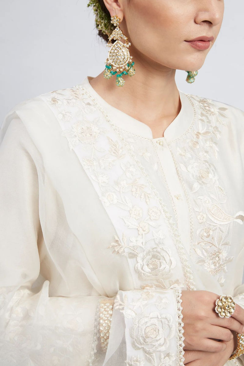 Kaina A-line short kurta with salwar and dupatta-Daisy Ivory silk by SHEETAL BATRA in ivory color for women in Singapore