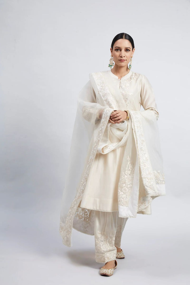 Kaina A-line short kurta with salwar and dupatta-Daisy Ivory silk by SHEETAL BATRA in ivory color for women in Singapore