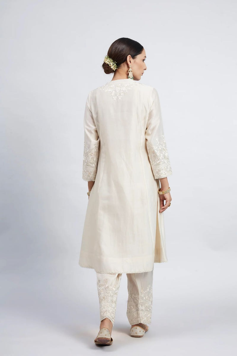 Kaina A-line short kurta with salwar and dupatta-Daisy Ivory silk by SHEETAL BATRA in ivory color for women in Singapore