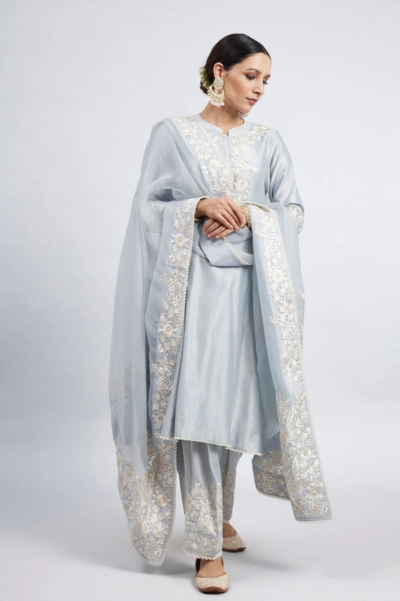 Kaina A-line short kurta with salwar and dupatta-Soft Blue silk by SHEETAL BATRA in blue color for women in Singapore
