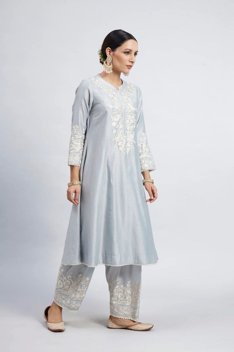 Kaina A-line short kurta with salwar and dupatta-Soft Blue silk by SHEETAL BATRA in blue color for women in Singapore
