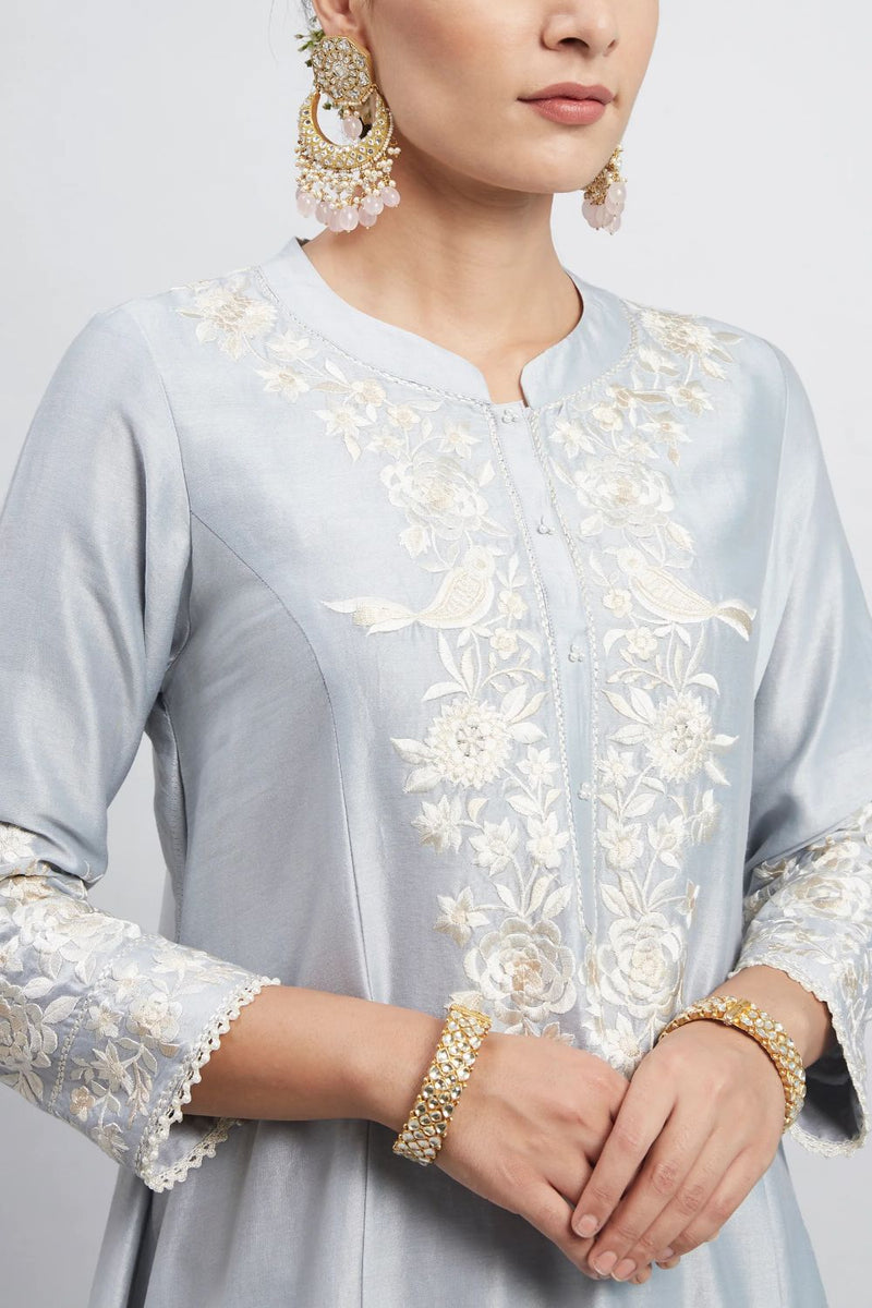 Kaina A-line short kurta with salwar and dupatta-Soft Blue silk by SHEETAL BATRA in blue color for women in Singapore