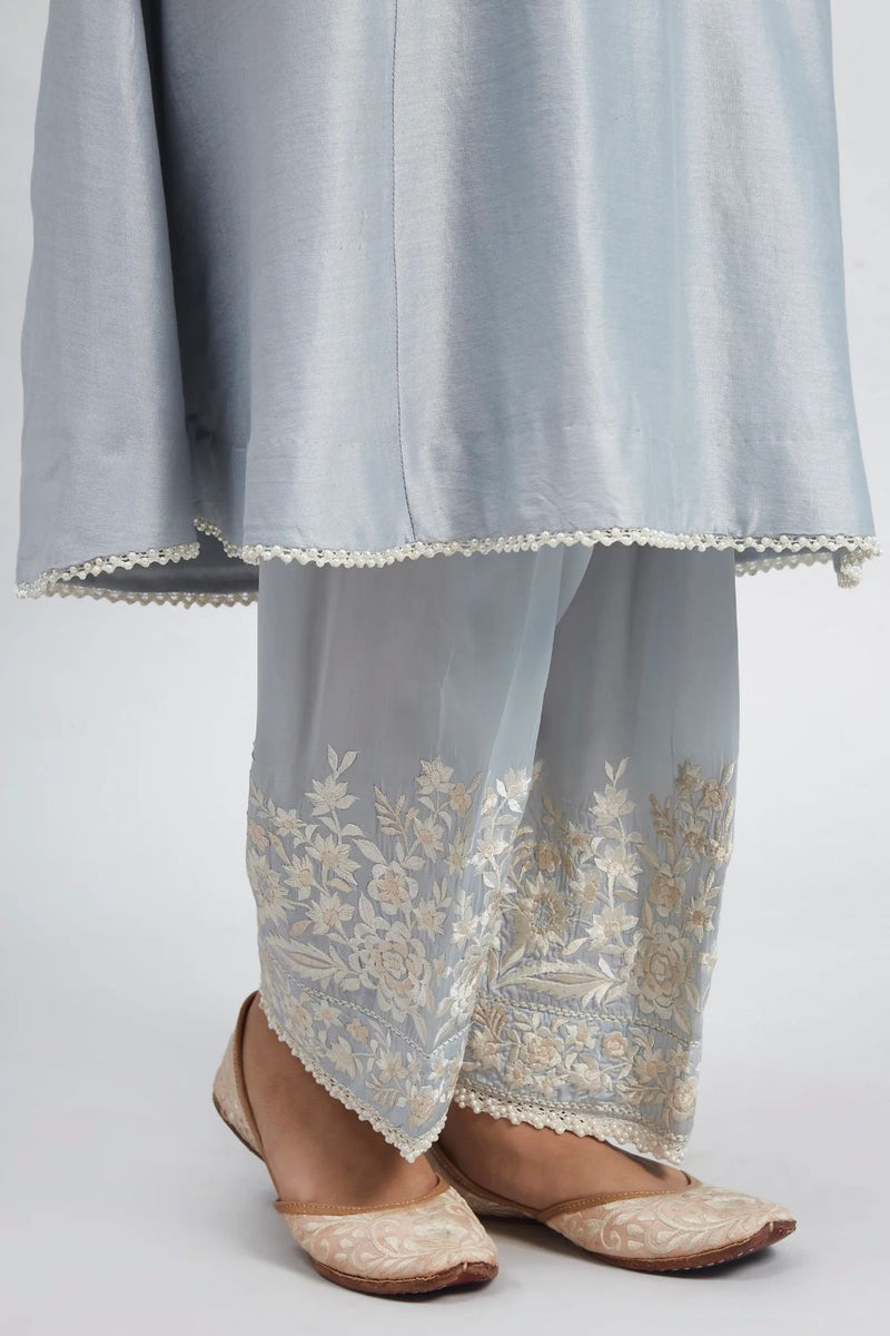 Kaina A-line short kurta with salwar and dupatta-Soft Blue silk by SHEETAL BATRA in blue color for women in Singapore