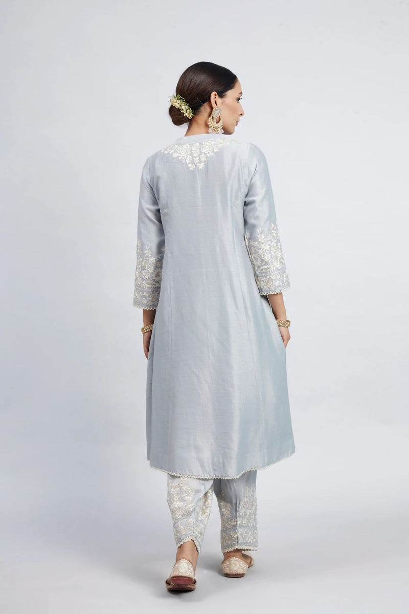 Kaina A-line short kurta with salwar and dupatta-Soft Blue silk by SHEETAL BATRA in blue color for women in Singapore