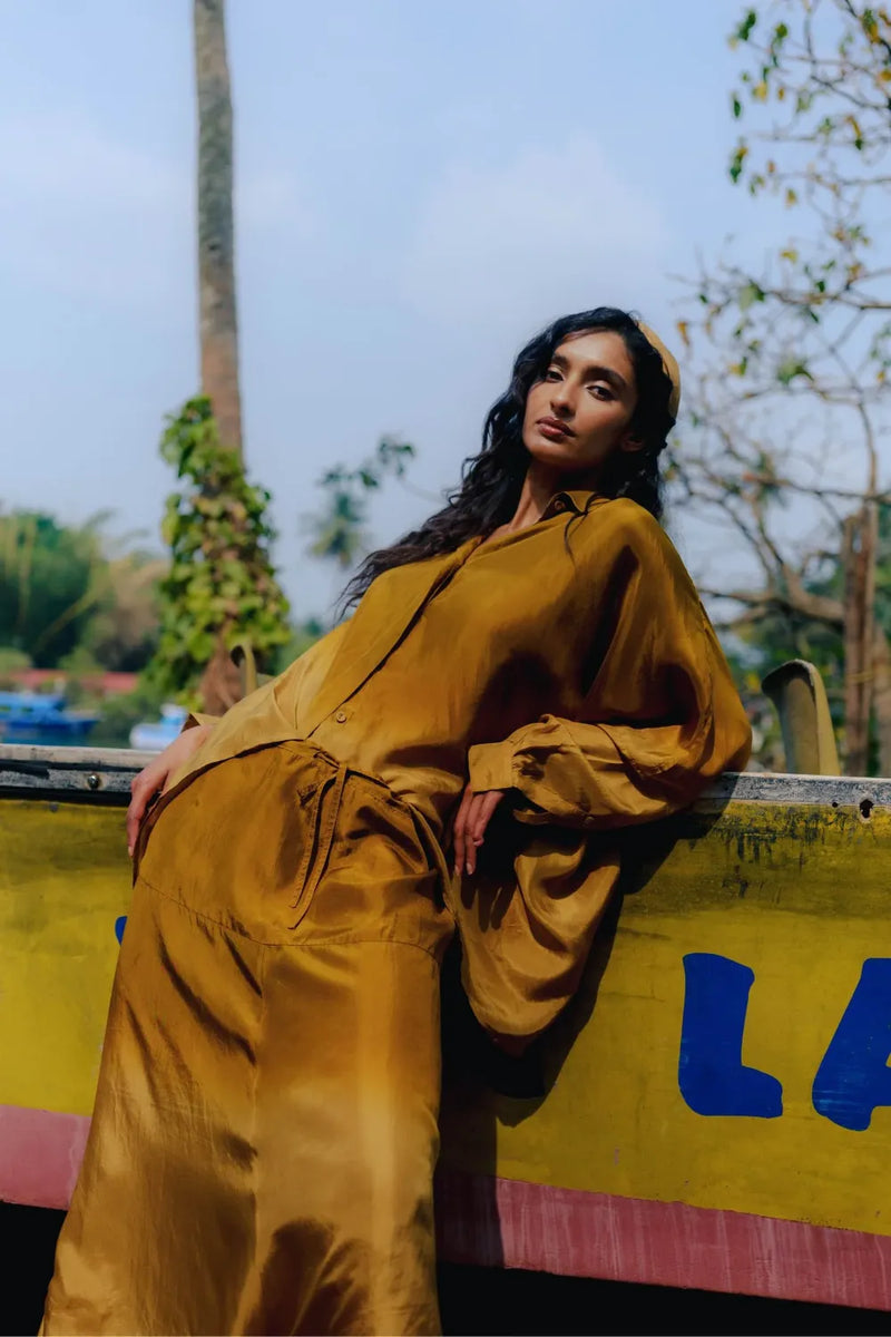 Kanan Silk Dhoti Set silk Buy Kanan Silk Dhoti Set from C&W | Light Kurta Sets for Women by Ituvana in mustard color for women in Singapore