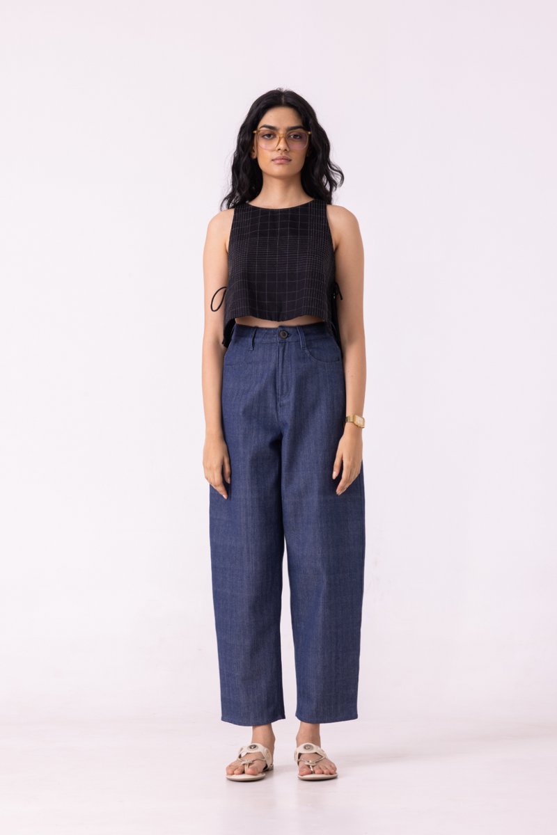 Katniss Blue Handwoven Denim Barrel Pants cotton by The Summer House for women in Singapore