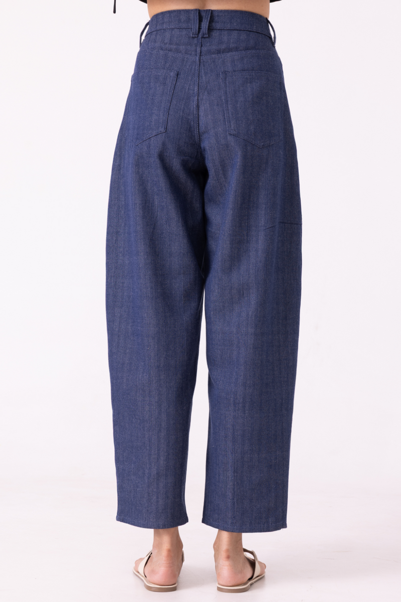 Katniss Blue Handwoven Denim Barrel Pants cotton by The Summer House for women in Singapore