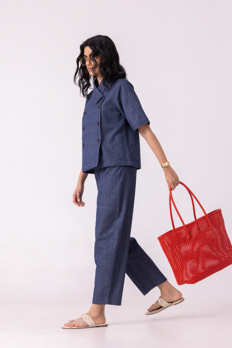 Katniss Blue Handwoven Denim Barrel Pants cotton by The Summer House for women in Singapore