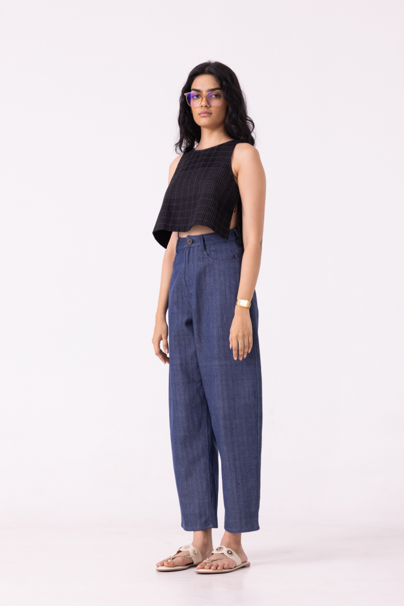 Katniss Blue Handwoven Denim Barrel Pants cotton by The Summer House for women in Singapore