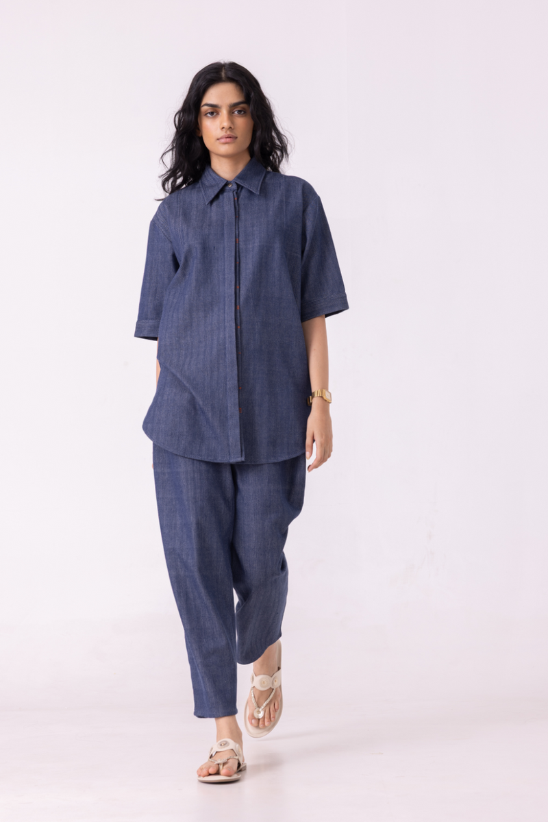 Katniss Blue Handwoven Denim Barrel Pants cotton by The Summer House for women in Singapore