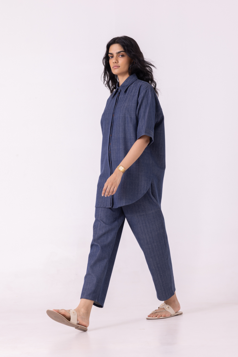 Katniss Blue Handwoven Denim Barrel Pants cotton by The Summer House for women in Singapore