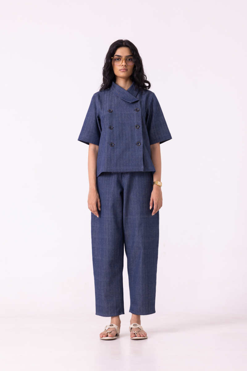 Katniss Blue Handwoven Denim Barrel Pants cotton by The Summer House for women in Singapore