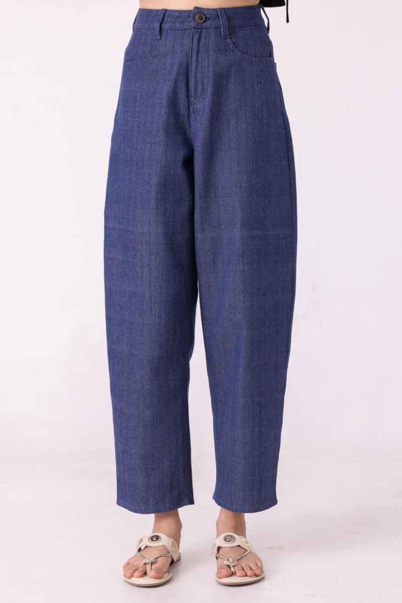 Katniss Blue Handwoven Denim Barrel Pants cotton by The Summer House for women in Singapore