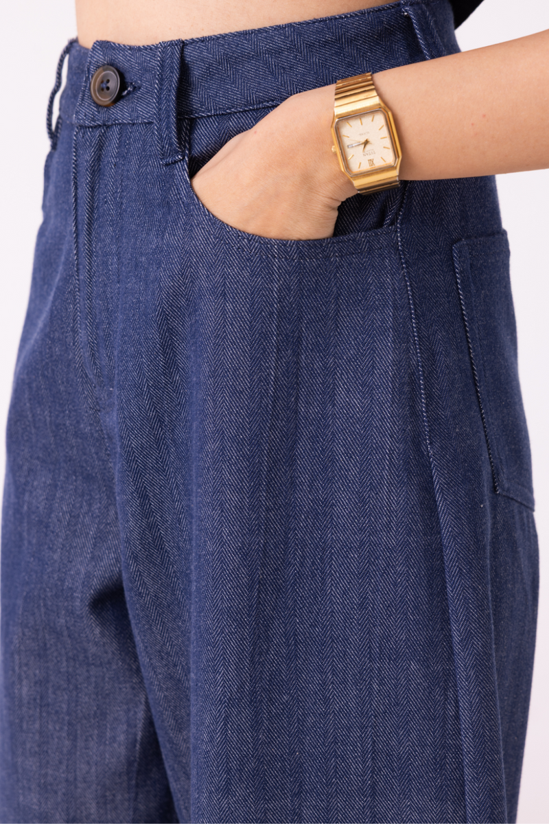 Katniss Blue Handwoven Denim Barrel Pants cotton by The Summer House for women in Singapore