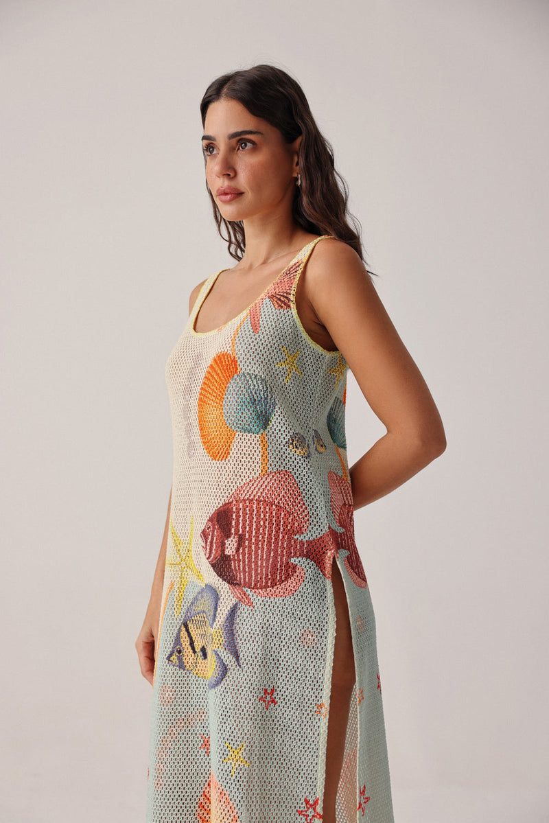 Keya Coverup-Seaborn crochet resort wear by NOIB in beige for women in Singapore