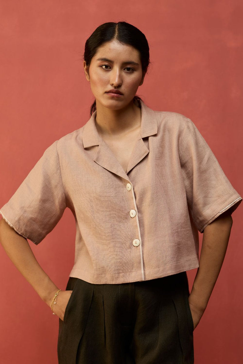 Kiera Cuban Collar Linen Co-ord Set - Dusty Rose by Manan for in Singapore