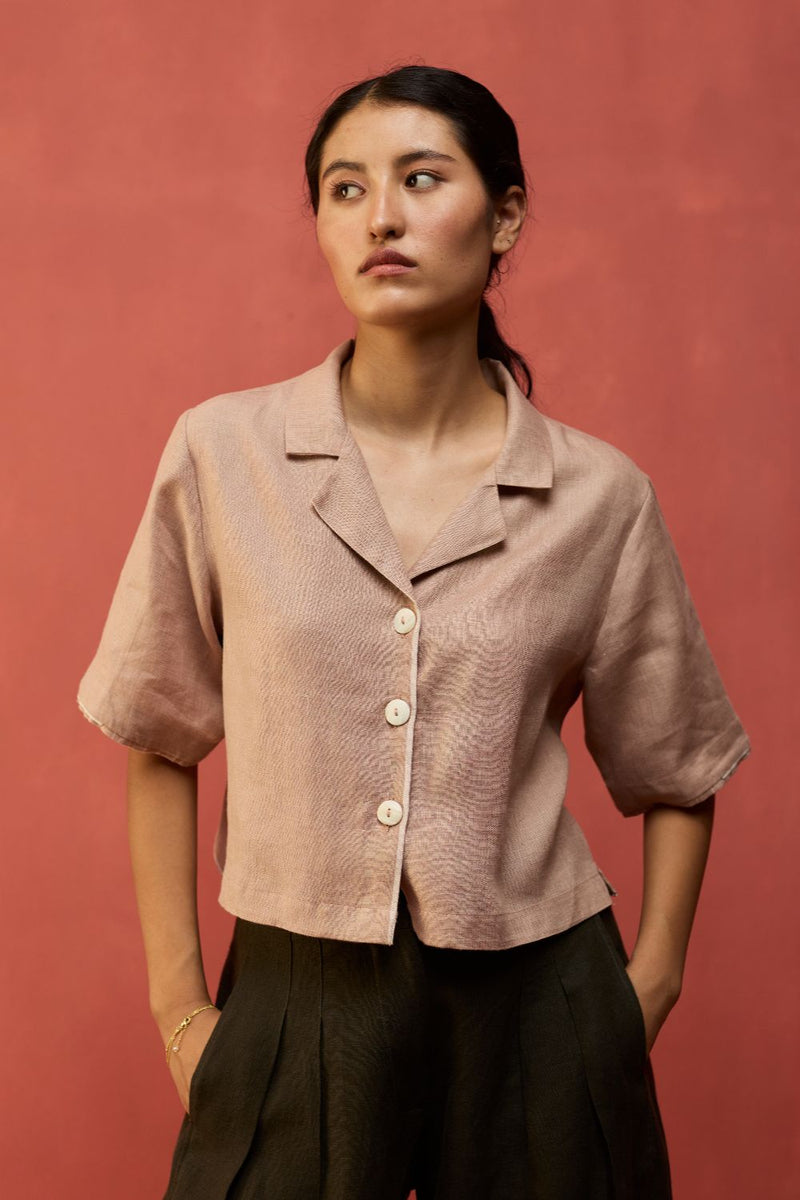Kiera Cuban Collar Linen Co-ord Set - Dusty Rose by Manan for in Singapore