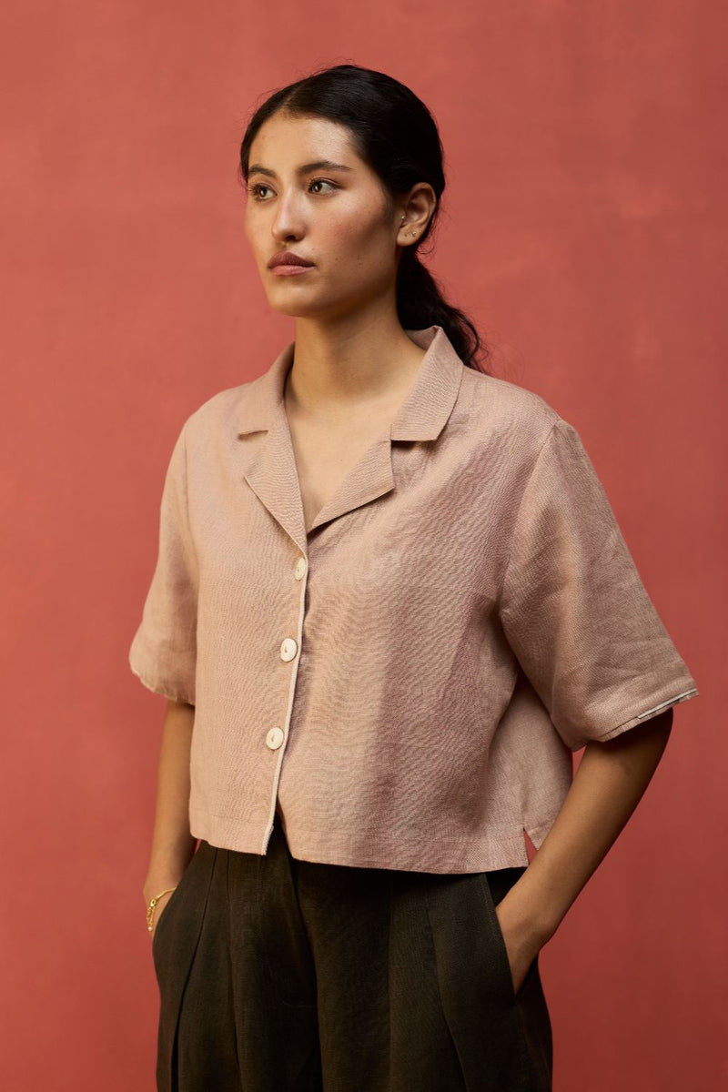Kiera Cuban Collar Linen Co-ord Set - Dusty Rose by Manan for in Singapore