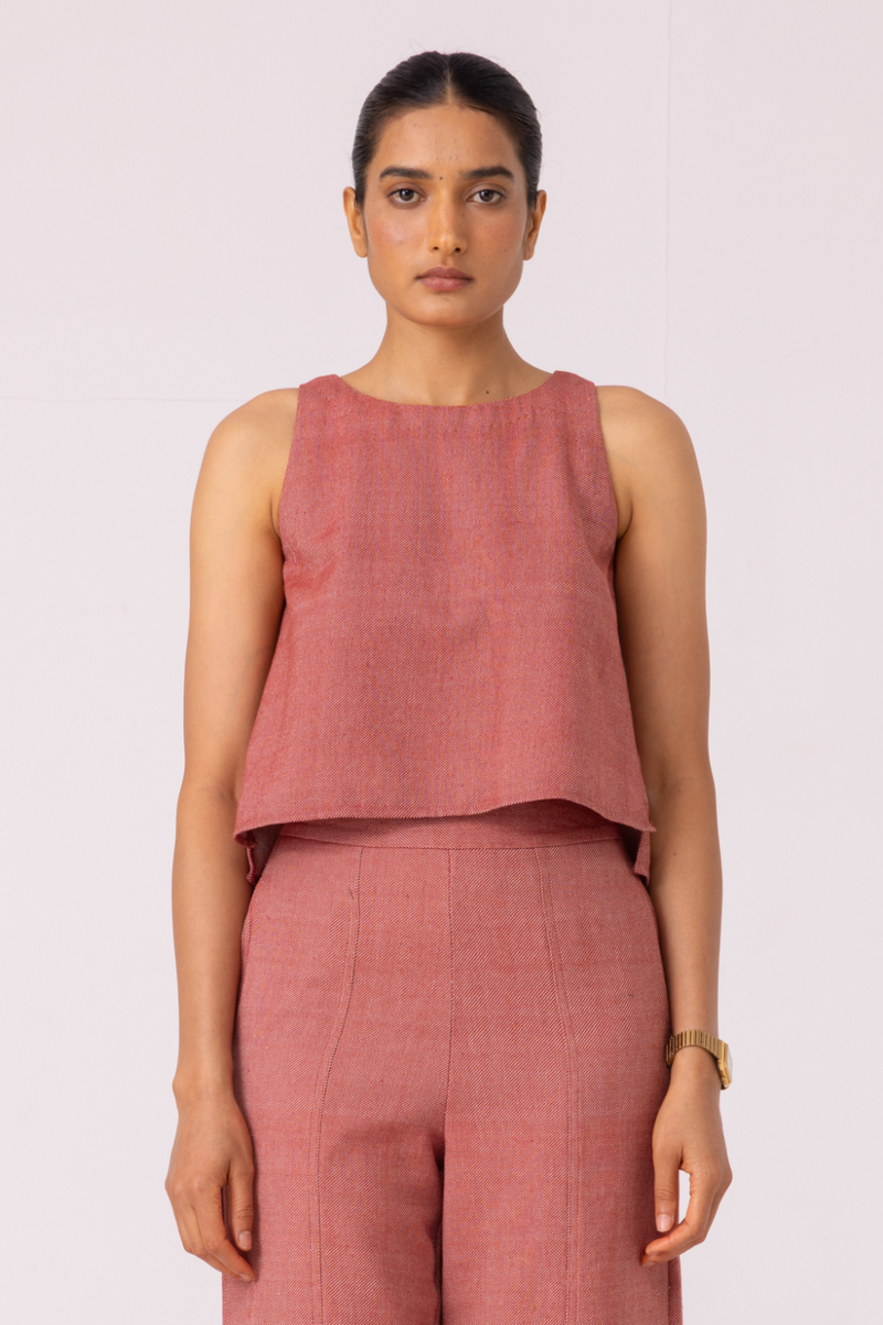 Kifli Red Handwoven Denim Top cotton by The Summer House in red color for women in Singapore