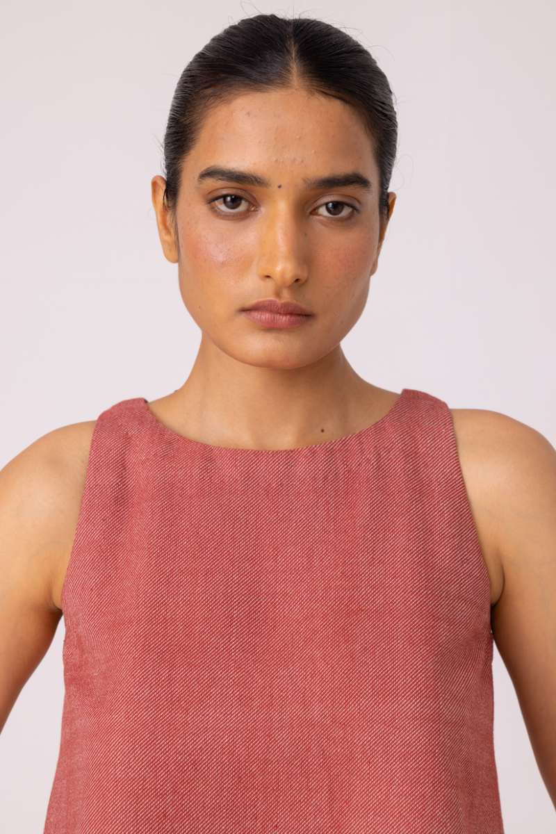 Kifli Red Handwoven Denim Top cotton by The Summer House in red color for women in Singapore
