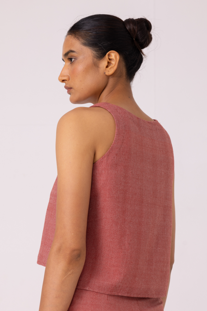 Kifli Red Handwoven Denim Top cotton by The Summer House in red color for women in Singapore