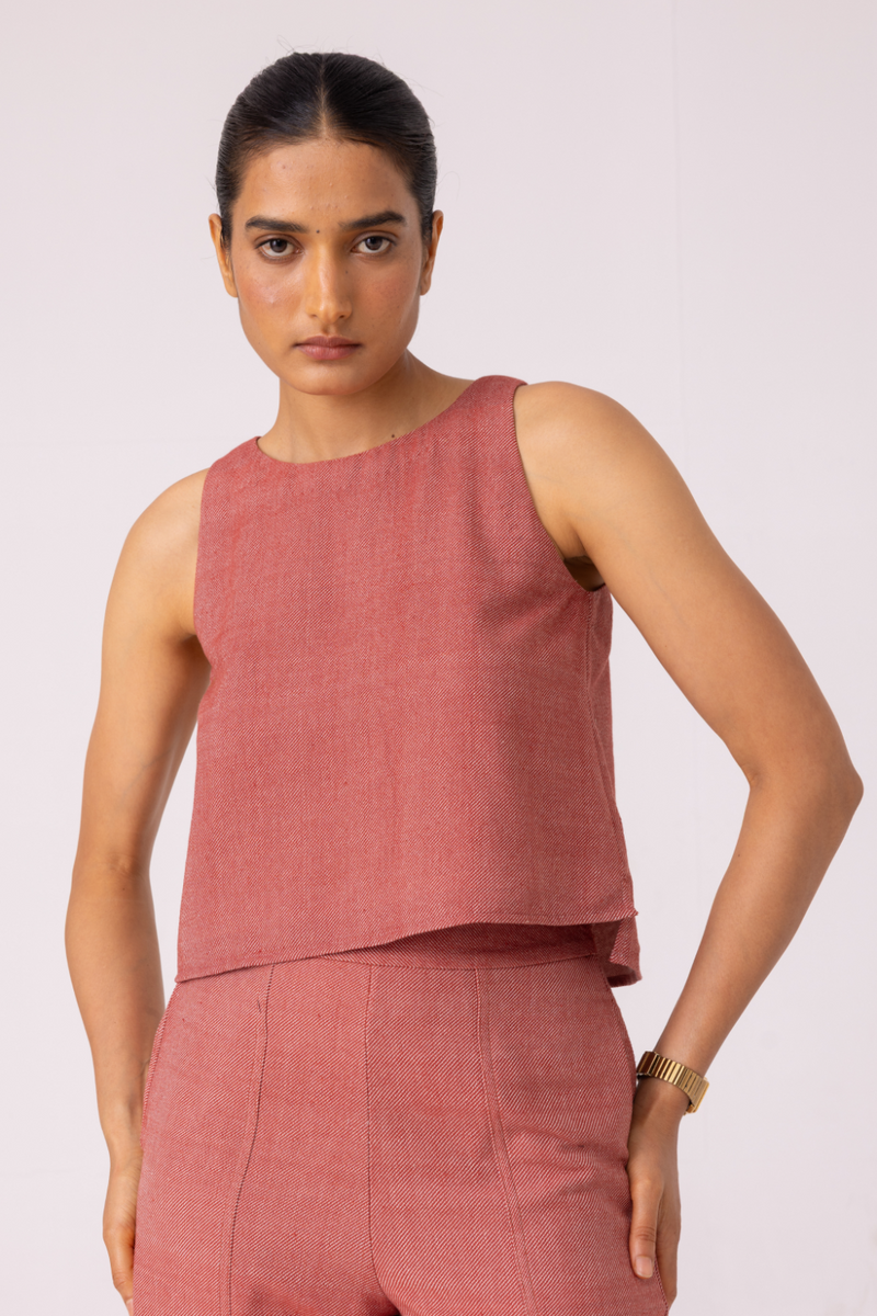 Kifli Red Handwoven Denim Top cotton by The Summer House in red color for women in Singapore