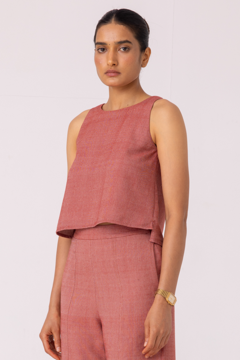 Kifli Red Handwoven Denim Top cotton by The Summer House in red color for women in Singapore